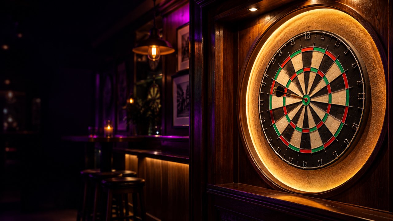 Warmly lit pub dartboard with a dart in the bullseye